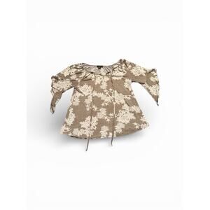 Multi Media Boho Brown Embossed White Floral Cottage Fairy Tie Front Blouse Top